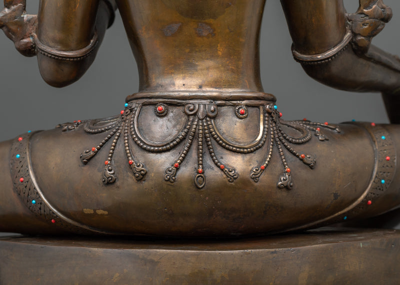 Sacred Green Tara Deity Statue | Hand-Carved Gemstone and Oxidized Copper Masterpiece