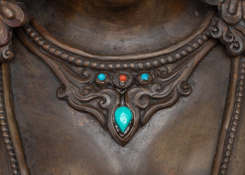 Sacred Green Tara Deity Statue | Hand-Carved Gemstone and Oxidized Copper Masterpiece