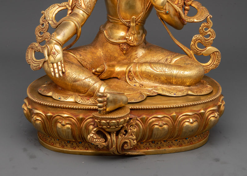 Spiritual Green Tara Figurine | 24K Gold Gilded Gemstone Copper Masterpiece