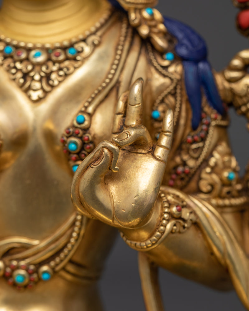 Green Tara for Altar | Handcrafted 24K Gold Gilded Copper Statue with Gemstones