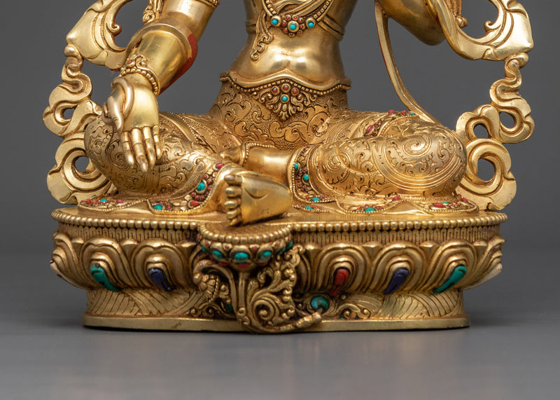 Green Tara for Altar | Handcrafted 24K Gold Gilded Copper Statue with Gemstones