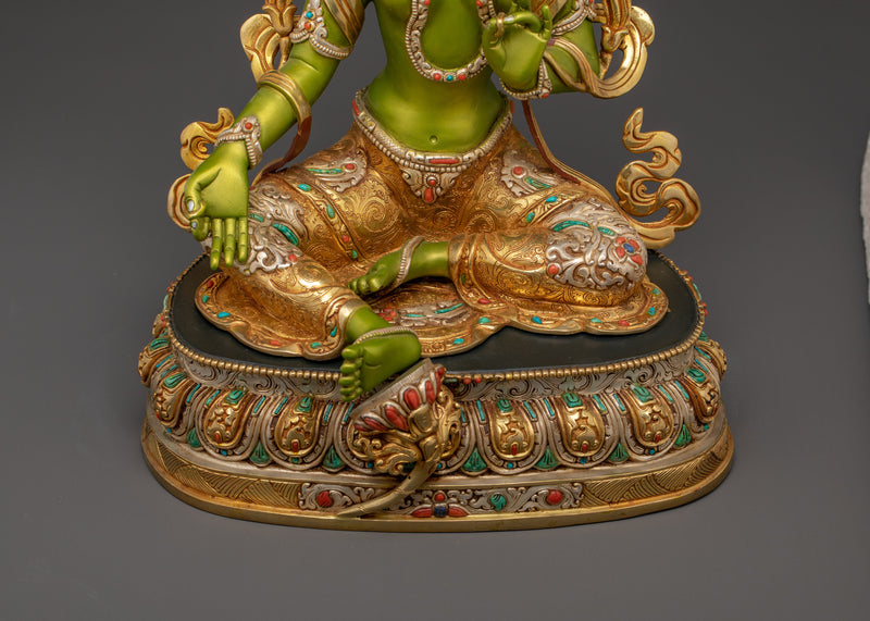 Green Tara for Shrine | 24K Gold Gilded Copper Statue with Gemstones