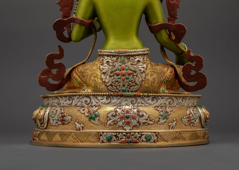 Green Tara for Shrine | 24K Gold Gilded Copper Statue with Gemstones