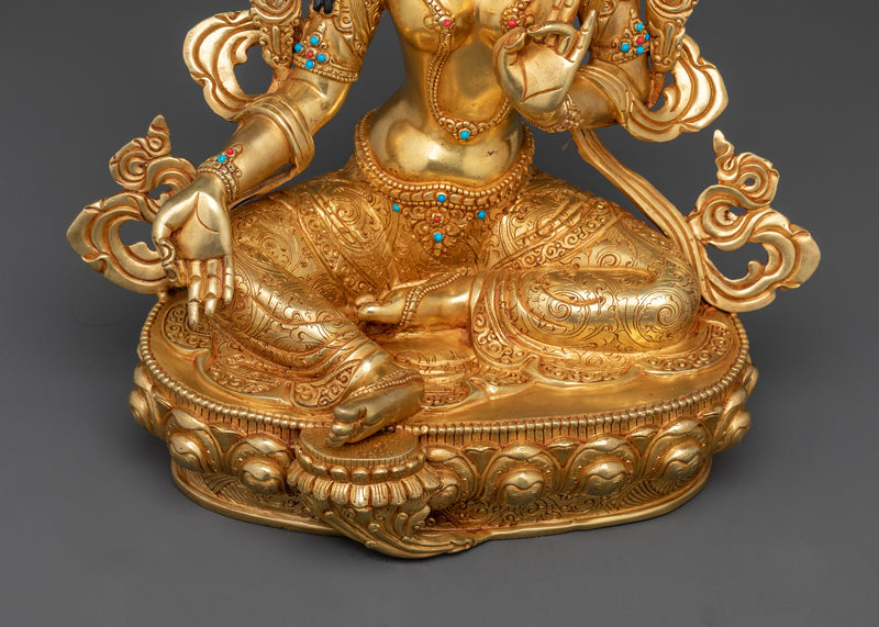 Enlightened Green Buddha Tara Statue | 24K Gold Gilded Copper Sculpture