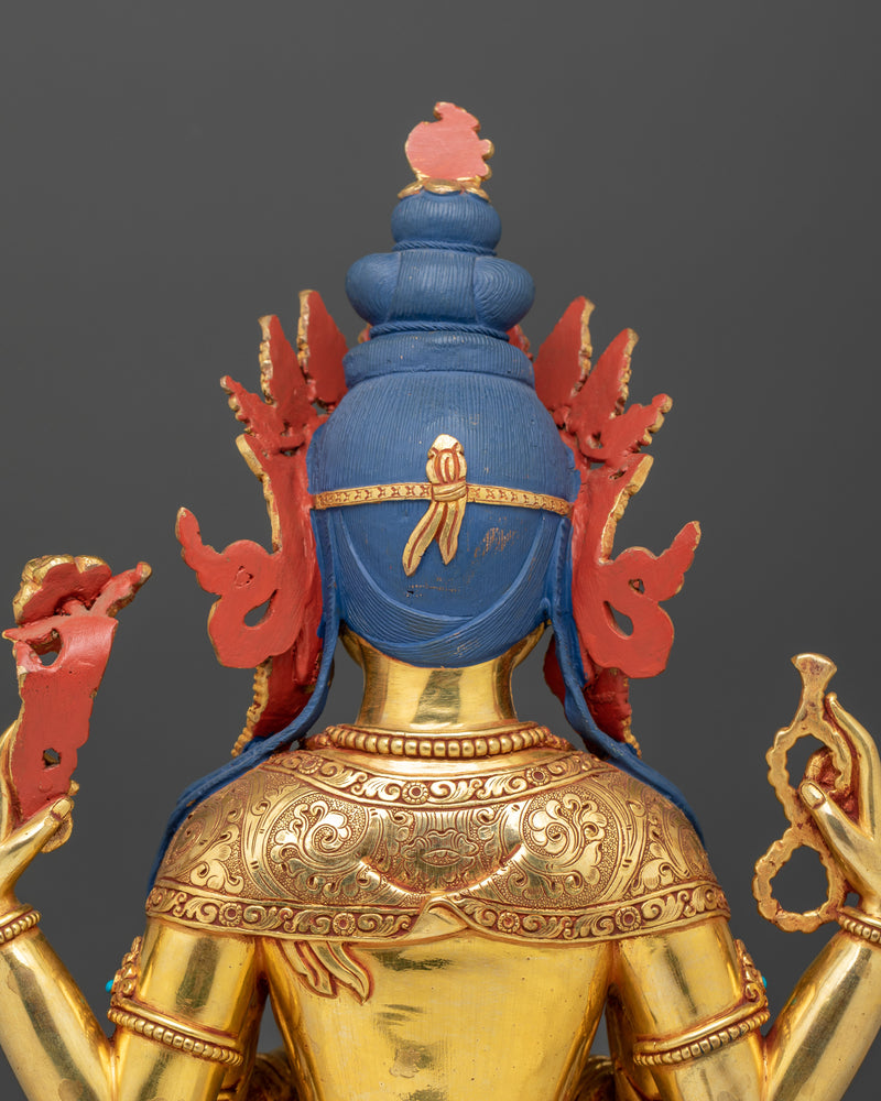 Avalokiteshvara Chenrezig Figurine | Gold-Gilded Compassion Deity | Tibetan Buddhist Art