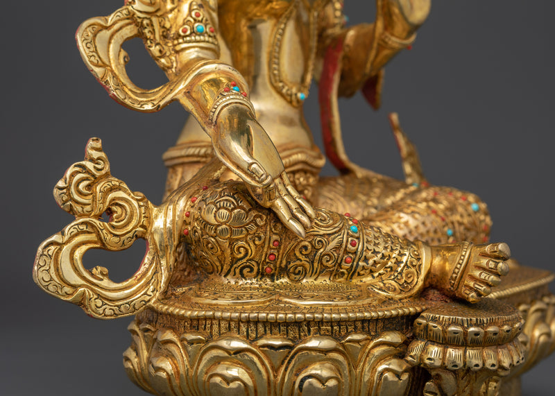 Tibetan Green Tara figurine | 24K Gold Gilded with small Gemston