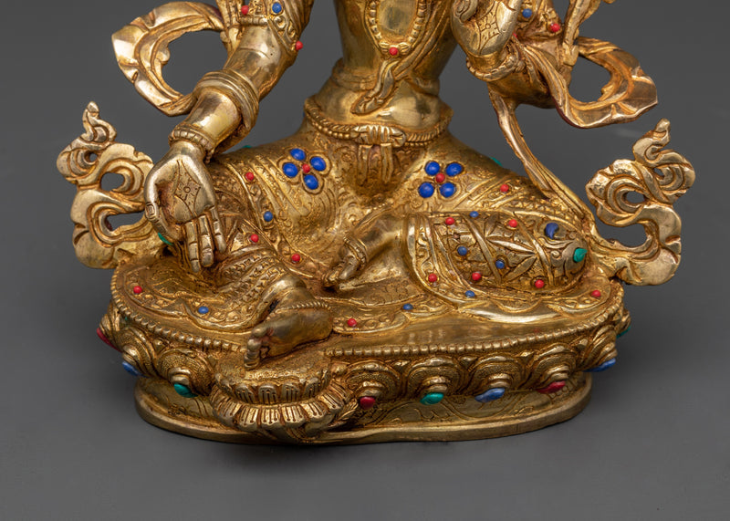 Sympathetic Green Tara Statue | Gold-Gilded Copper with Handcarved Gemstone