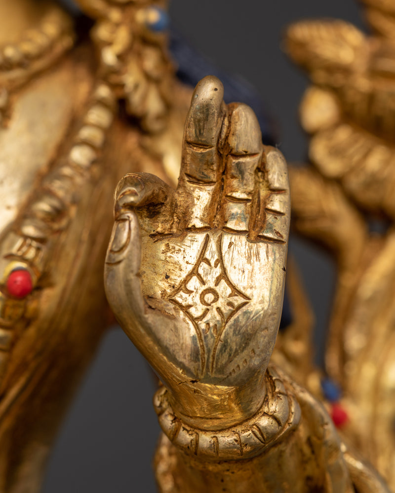 Manjushri Holding Flaming Sword | 24K Gold Gilded Copper with Handcarved Gemstone