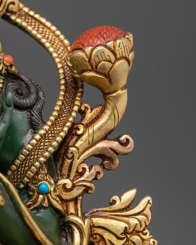 Green Tara Deity Goddess Statue | Handcrafted 24K Gold Gilded Buddhist Art