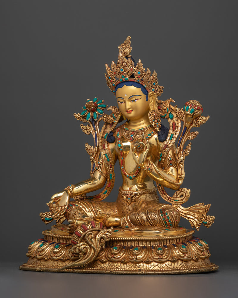 The Compassionate Protector and Swift Savior | Green Tara 24K Gold Gilded Statue