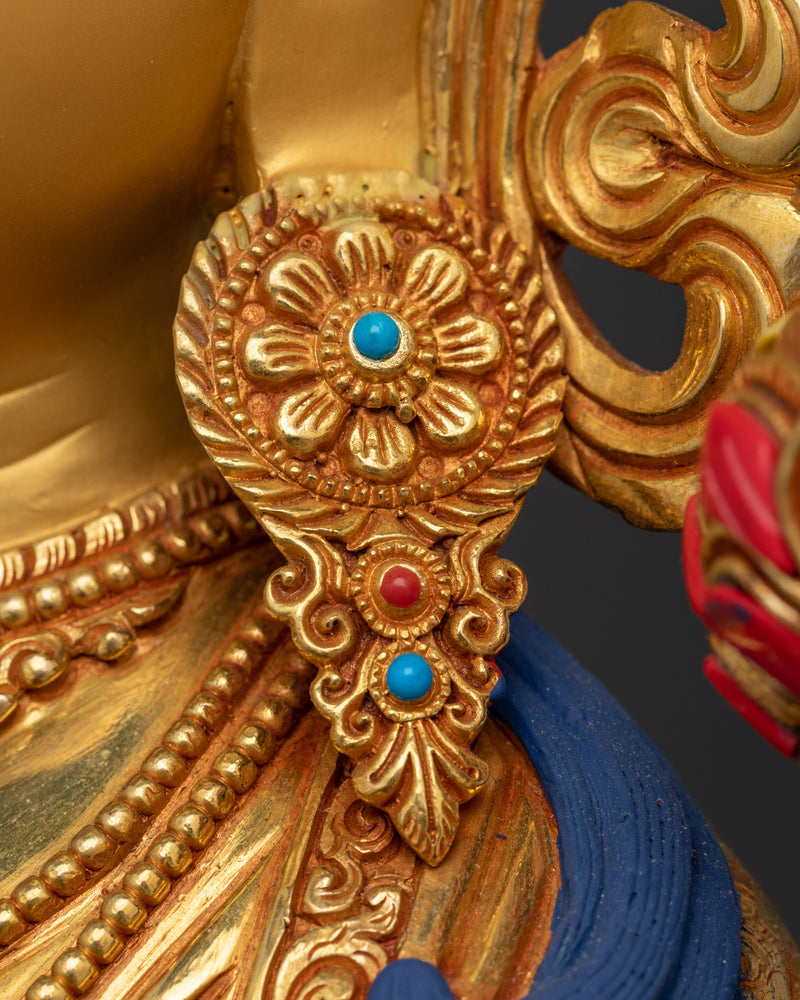 Himalayan Tibetan Green Tara Figure | 24K Gold Gilded Gemstone Copper Statue