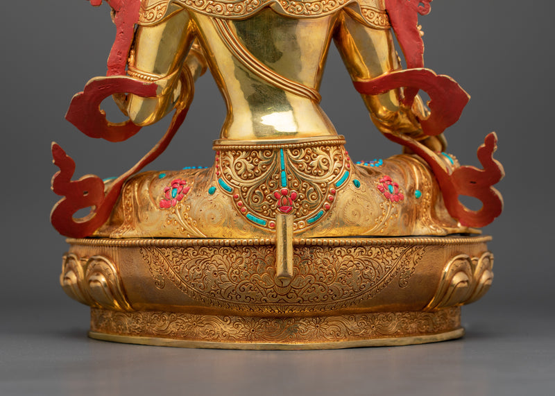 Himalayan Tibetan Green Tara Figure | 24K Gold Gilded Gemstone Copper Statue