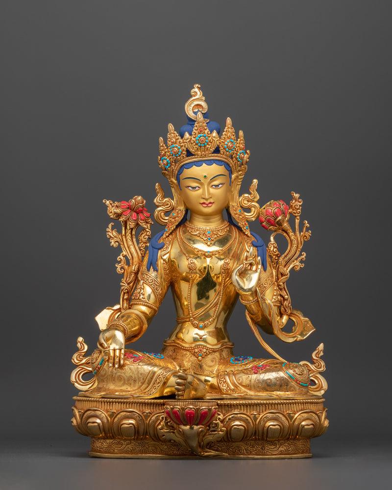 Himalayan Tibetan Green Tara Figure | 24K Gold Gilded Gemstone Copper Statue