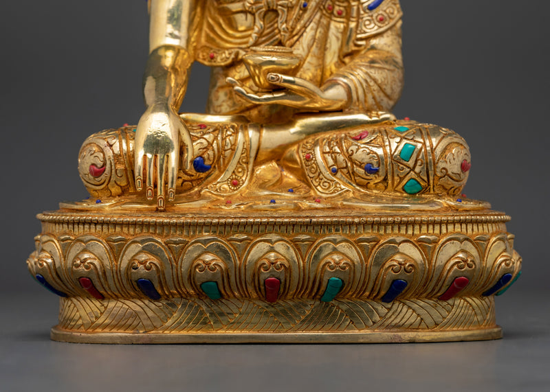 Buddha Shakyamuni for Shrine Adorned with Gemstone | 24K Gold-Gilded Copper Statue