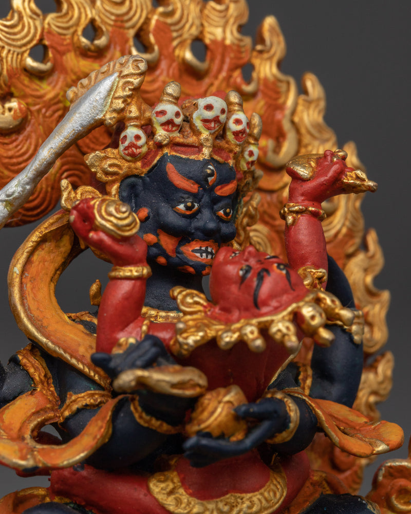 Four-Armed Mahakala with Consort Statue | 3.5 Inches Gold Electroplated Copper Figure