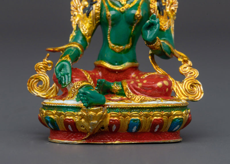 Gold Electroplated Sympathetic Green Tara Figurine | 2.8 Inches Miniature Goddess