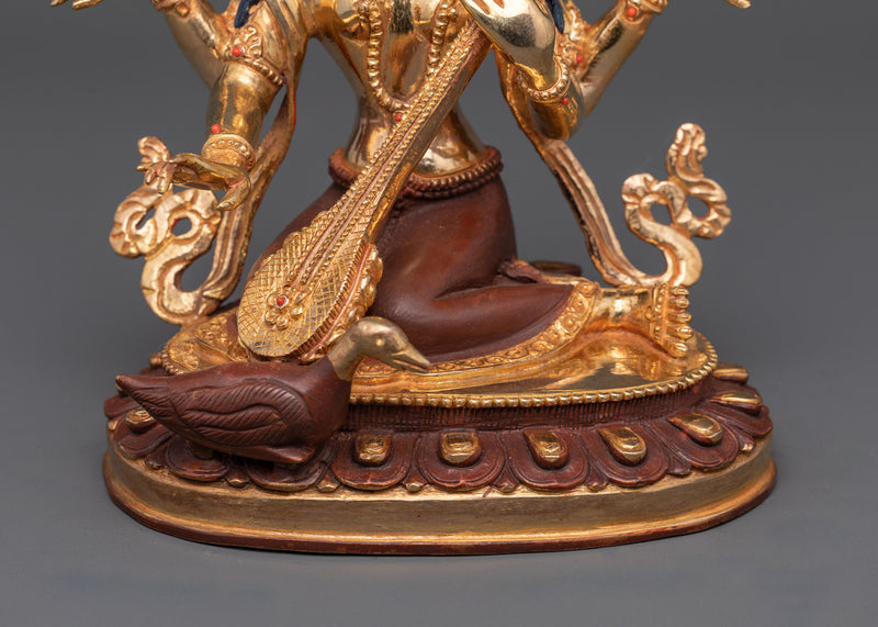 Handmade Goddess Maa Saraswati | 24K Gold Gilded Copper Statue