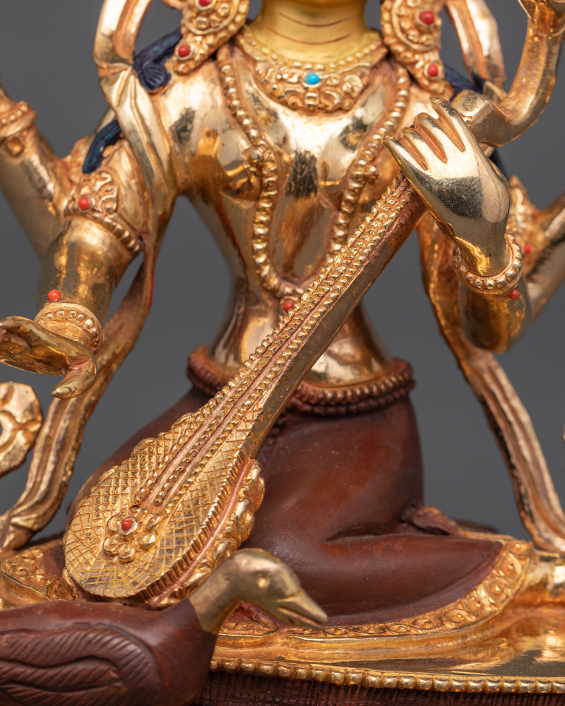 Handmade Goddess Maa Saraswati | 24K Gold Gilded Copper Statue