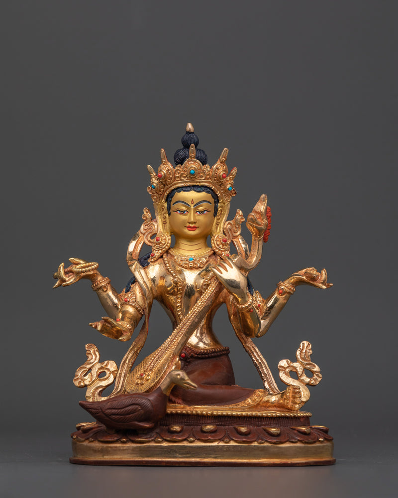 Handmade Goddess Maa Saraswati | 24K Gold Gilded Copper Statue