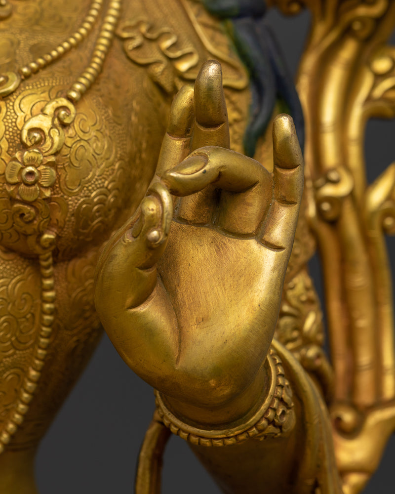 Tibetan Female Green Tara Buddha | 24K Gold Gilded Copper Statue