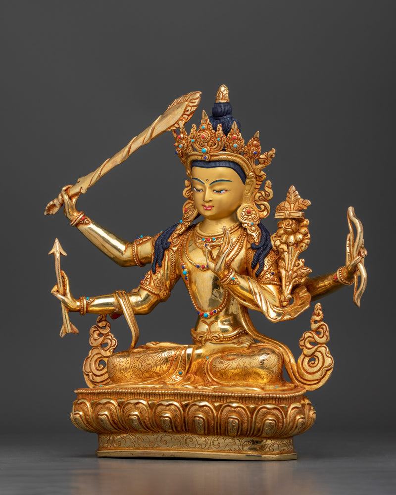 Maha Manjushri Gilt Statue | The Bodhisattva of Wisdom and Enlightenment