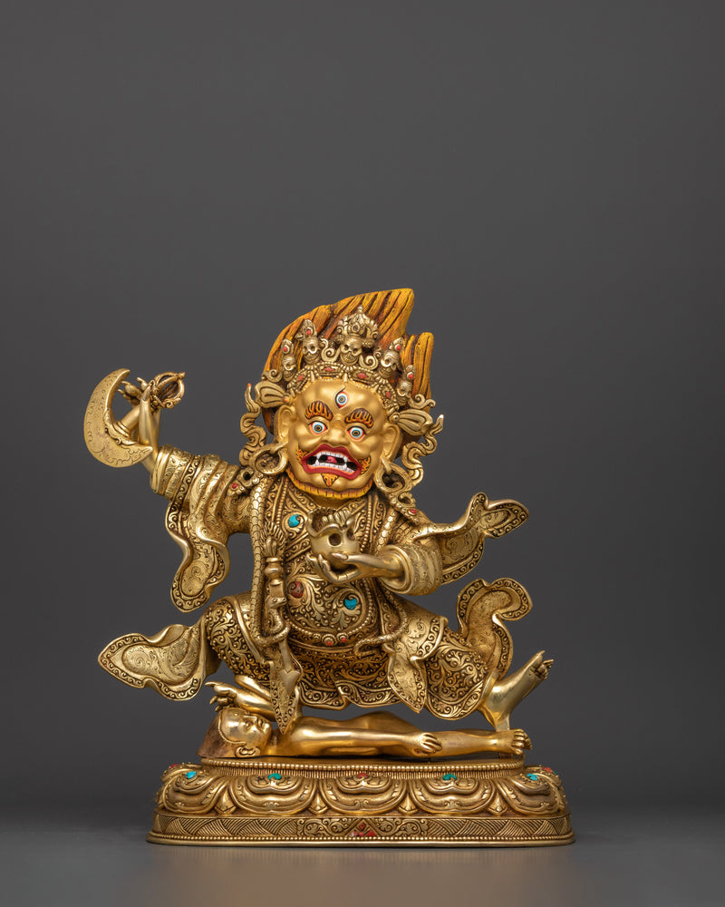 Majestic Mahakala Bernakchen Fierce Protector Statue | 24K Gold Gilded