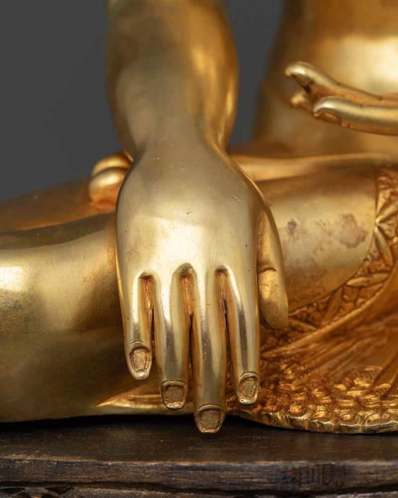 Tibetan Shakyamuni Buddha | 24K Gold Gilded Copper Statue with Wooden Base