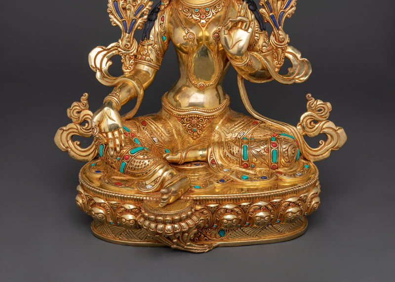 Fertility Goddess Green Tara Statue | 24K Gold Gilded Copper Sculpture