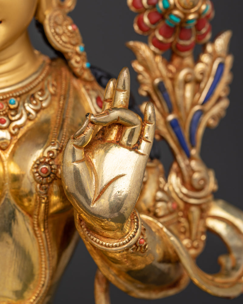 Fertility Goddess Green Tara Statue | 24K Gold Gilded Copper Sculpture