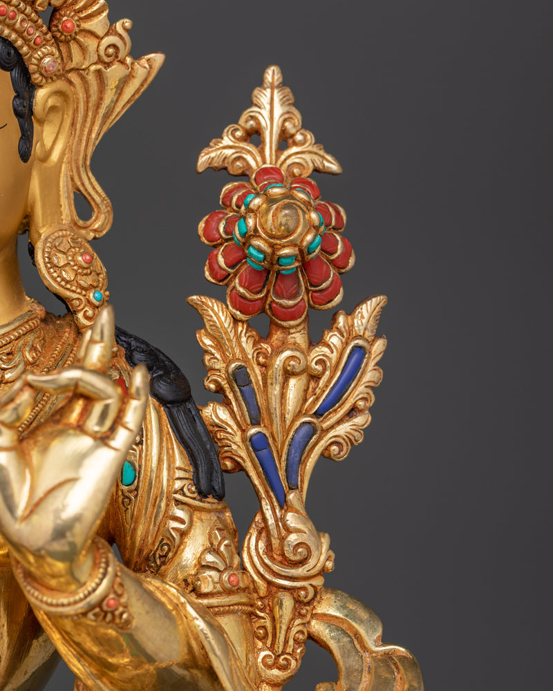 Fertility Goddess Green Tara Statue | 24K Gold Gilded Copper Sculpture