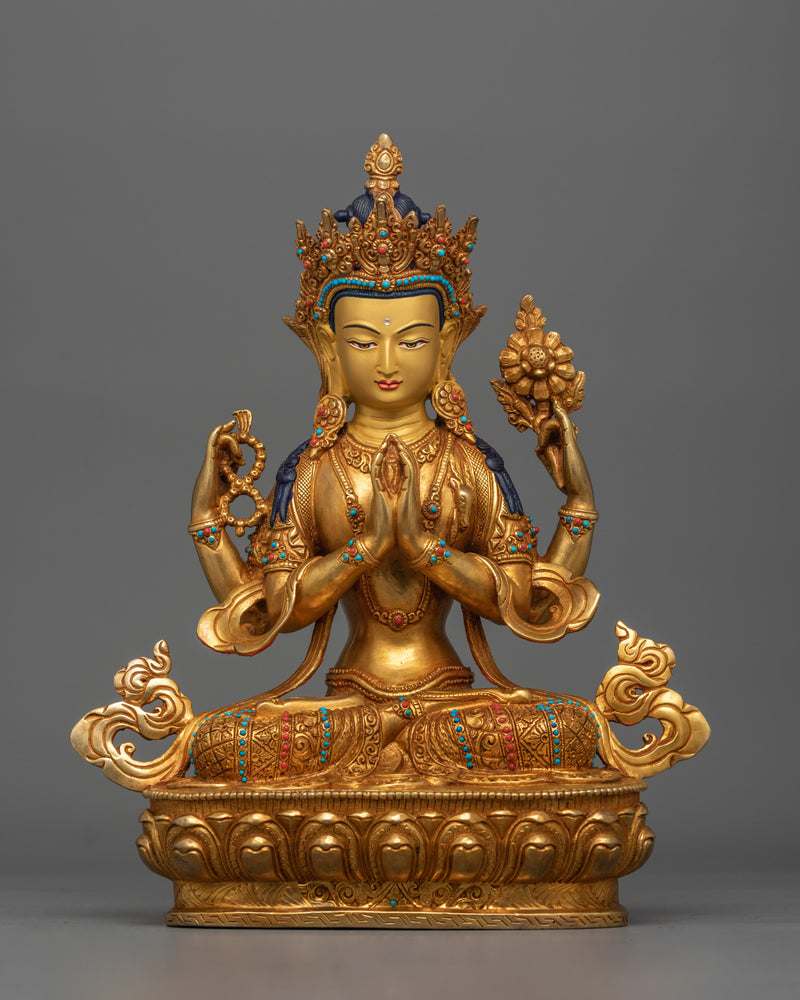 Handmade Chenrezig Serene Deity | 24K Gold Gilded Copper Statue