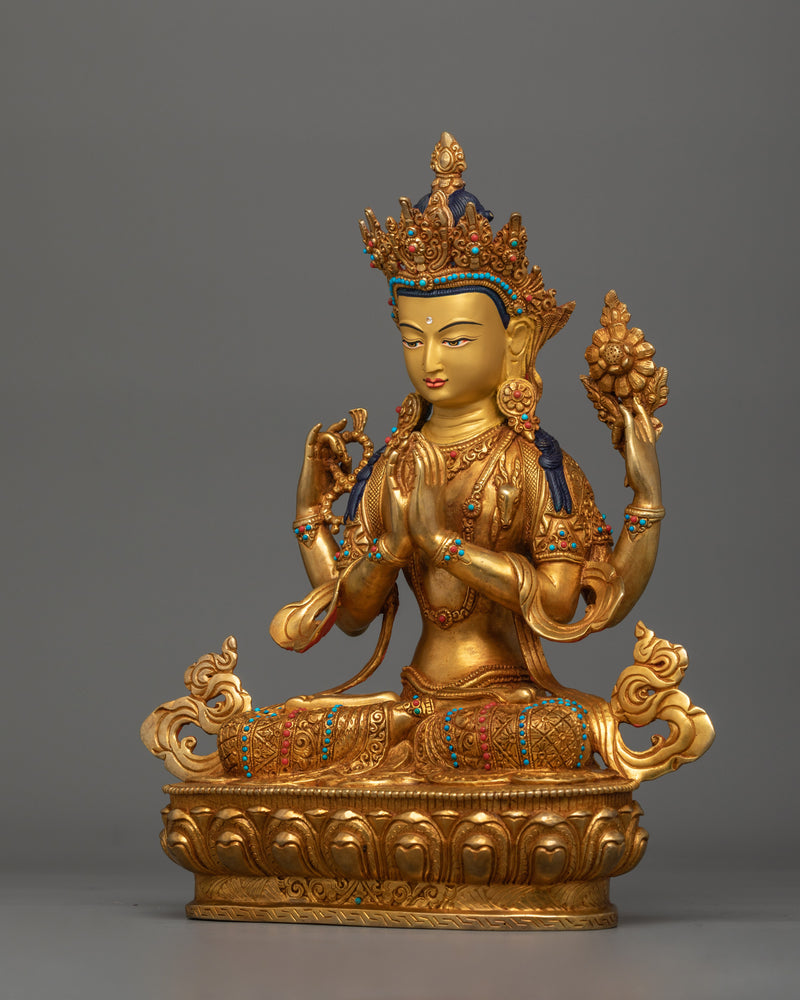 Handmade Chenrezig Serene Deity | 24K Gold Gilded Copper Statue