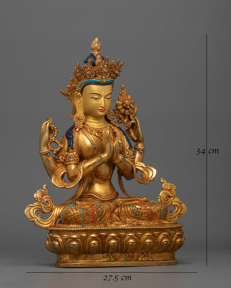 Handmade Chenrezig Serene Deity | 24K Gold Gilded Copper Statue