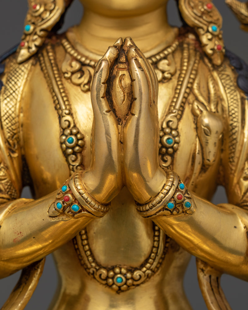 Tibetan Chenrezig Sculpture | 24K Gold Gilded Serene Art