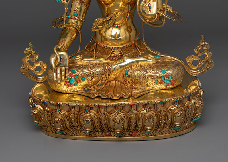 Hand-Carved White Tara Dharma Figure | 24K Gold Gilded Tibetan Sculpture