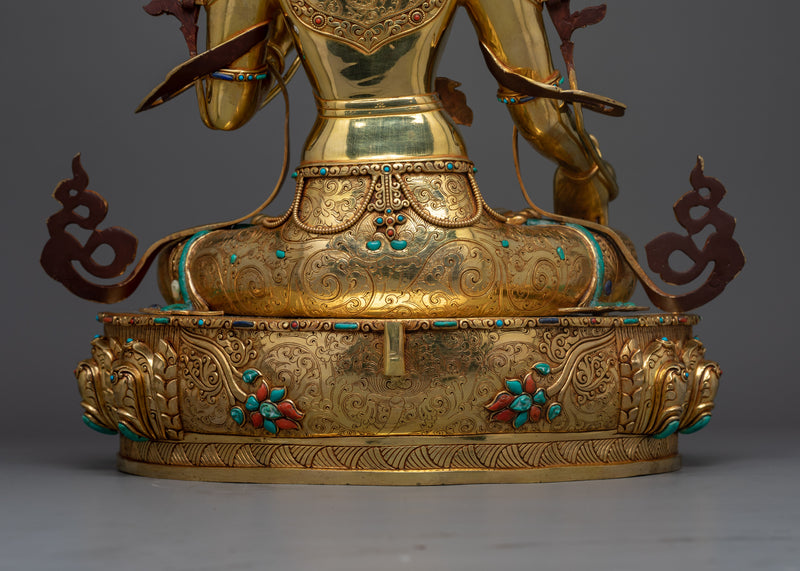 Hand-Carved White Tara Dharma Figure | 24K Gold Gilded Tibetan Sculpture