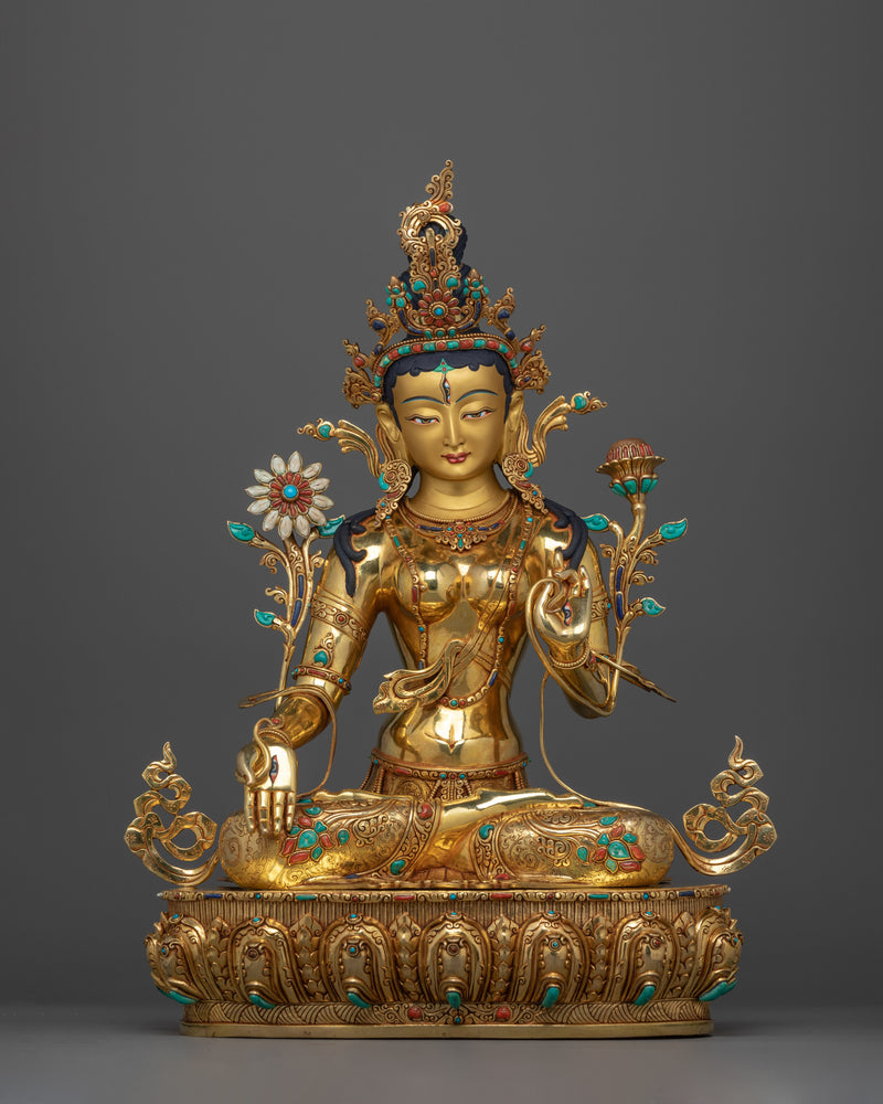 Hand-Carved White Tara Dharma Figure | 24K Gold Gilded Tibetan Sculpture