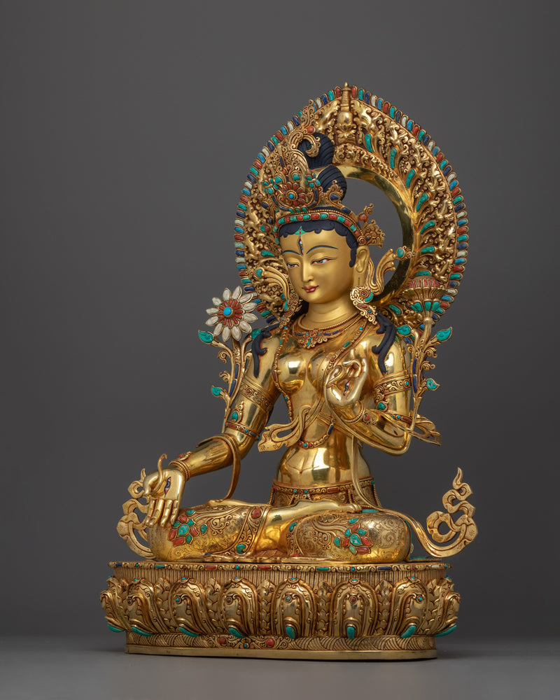 Hand-Carved White Tara Dharma Figure | 24K Gold Gilded Tibetan Sculpture