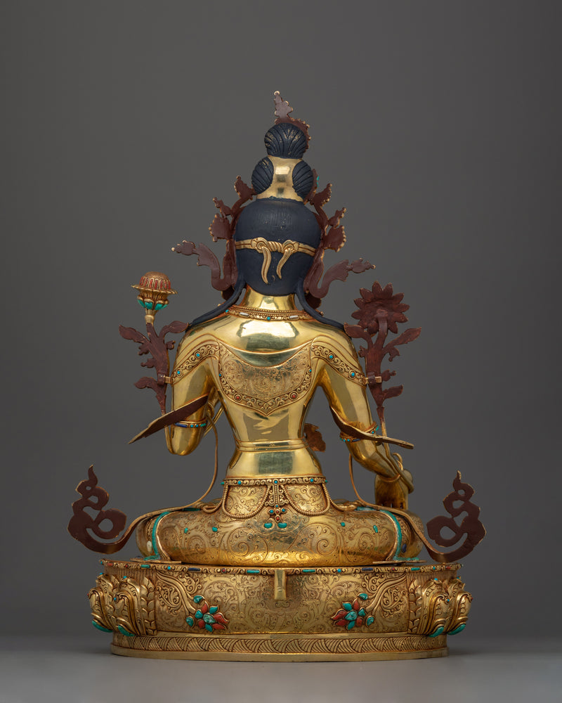 Hand-Carved White Tara Dharma Figure | 24K Gold Gilded Tibetan Sculpture