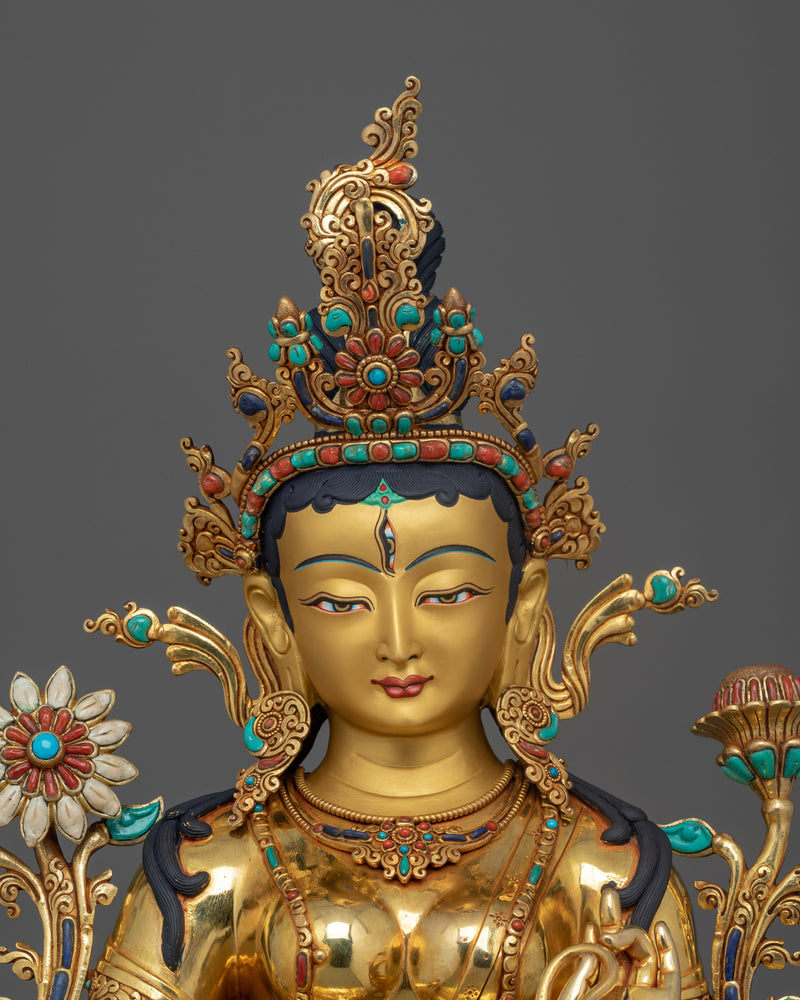 Hand-Carved White Tara Dharma Figure | 24K Gold Gilded Tibetan Sculpture