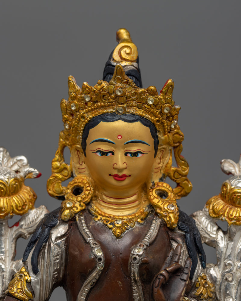 Serene Oxidized Green Tara Statue | 24K Gold Gilded Tibetan Sculpture