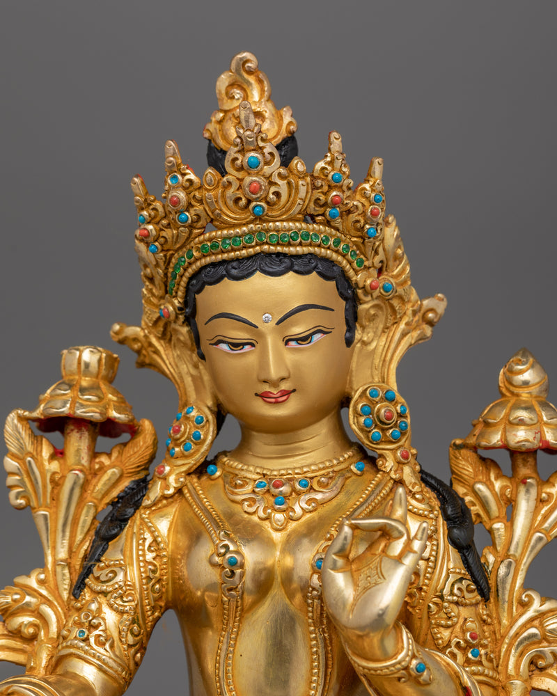 Green Tara Buddhist Deity Figure | Handcrafted 24K Gold Gilded Statue