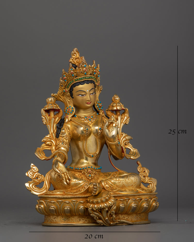 Green Tara Buddhist Deity Figure | Handcrafted 24K Gold Gilded Statue