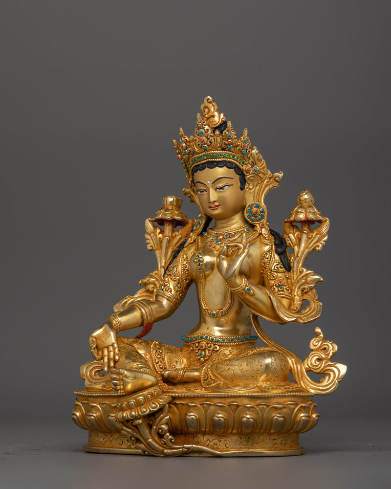 Green Tara Buddhist Deity Figure | Handcrafted 24K Gold Gilded Statue