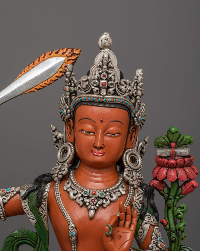 Hand-Carved Manjushri Prayer Tibetan Statue | Silver-Plated and Hand-Painted Sculpture