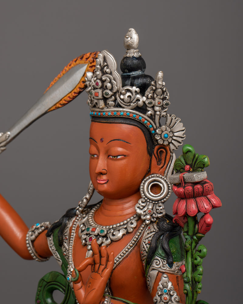 Hand-Carved Manjushri Prayer Tibetan Statue | Silver-Plated and Hand-Painted Sculpture