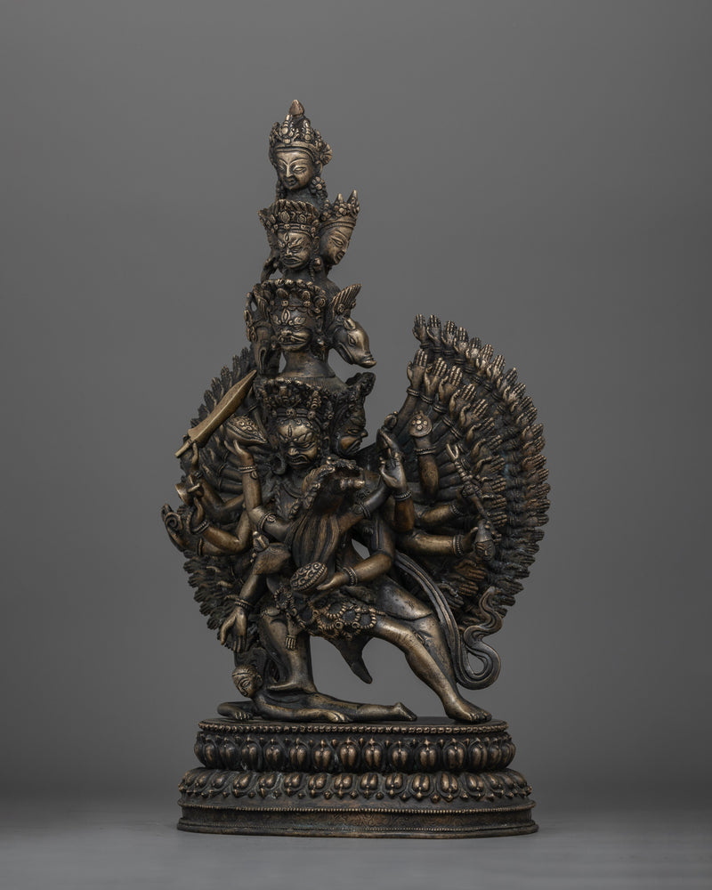 Hand-Carved Bhairab Shakti Statue | Antique Finished Oxidized Copper Sculpture