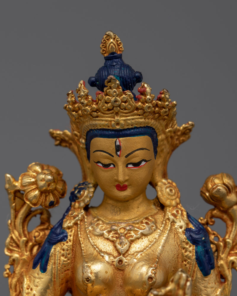 White Tara Dharma Statue | Miniature Gold Electroplated Tibetan Goddess Statue