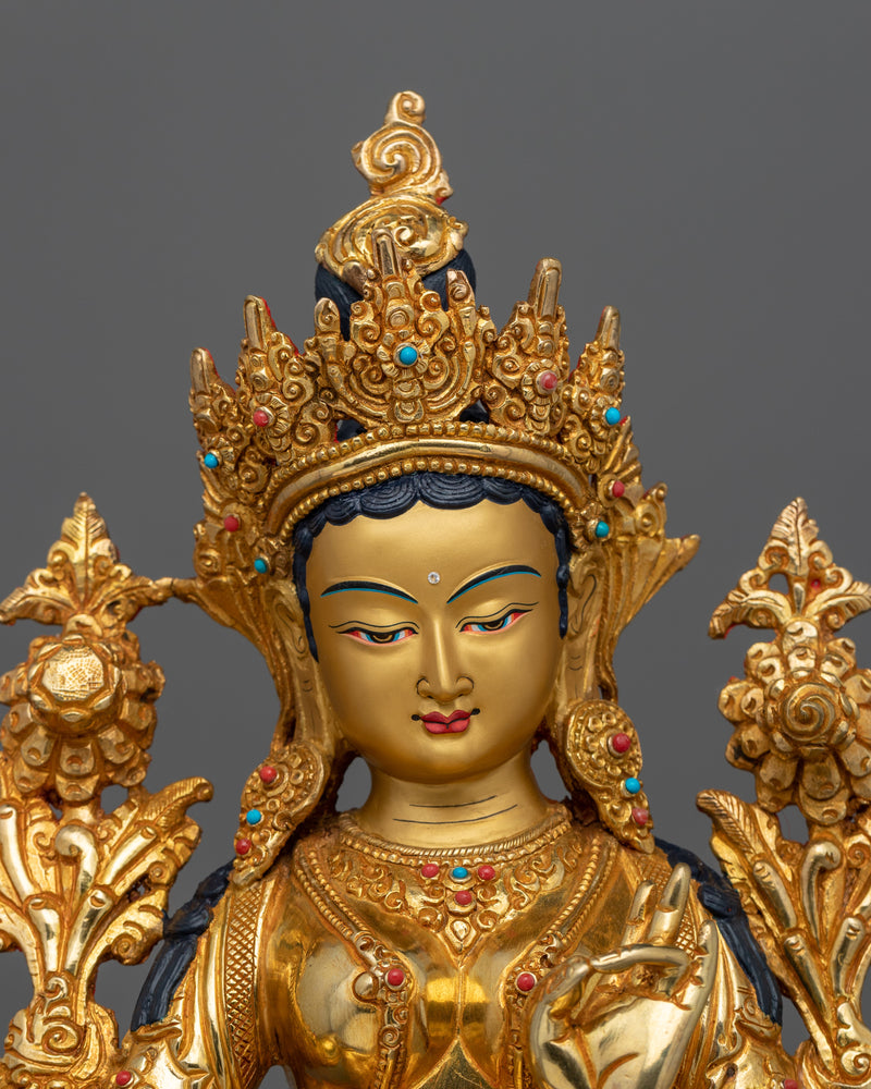 Tibetan Green Tara Buddha Statue | 24K Gold Gilded Artwork