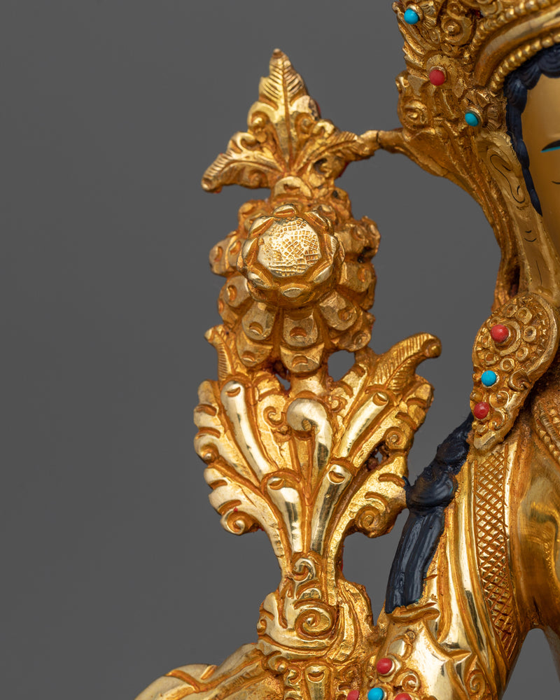 Tibetan Green Tara Buddha Statue | 24K Gold Gilded Artwork